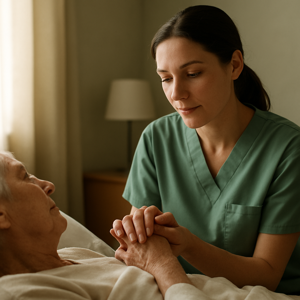 A nurse gently holding an elderly patient's hand at the bedside