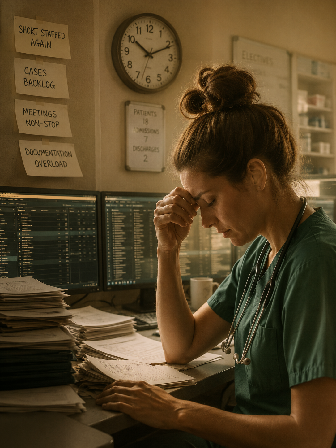 An exhausted clinician at a cluttered desk surrounded by monitors, stacks of paperwork, and stress notes reading short staffed, cases backlog, and documentation overload