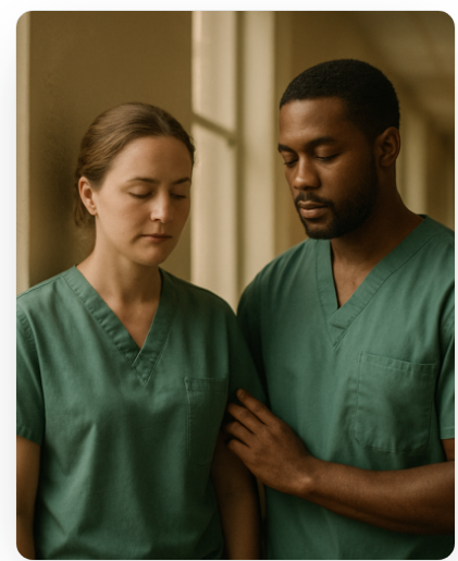 Two clinicians in scrubs pausing for a supportive moment in a softly lit hospital corridor